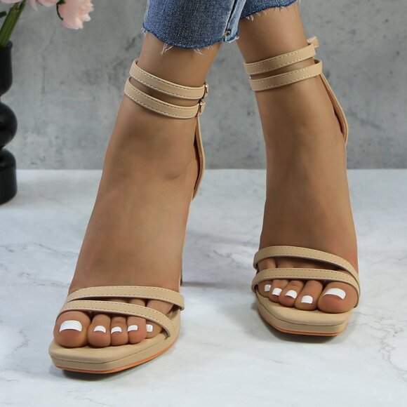 Women's Double Ankle Strap High Heel Sandals Stiletto Platform Dress Shoes - Picture 3 of 6